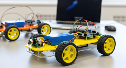 Fototapeta premium Two Toy Cars Displayed on a Table with Electronics Microcontrollers and Battery Packs with a Laptop Display in Soft Lighting