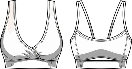  Stylish sports bra flat sketch, front and back view, deep V-neck design, mesh panel details, athletic fashion illustration, technical drawing, activewear.