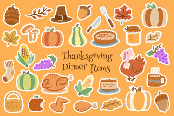 30+ Thanksgiving dinner Items pack. Autumn thanksgiving set collection of turkey, pumpkin pie, squash, leaves, corn