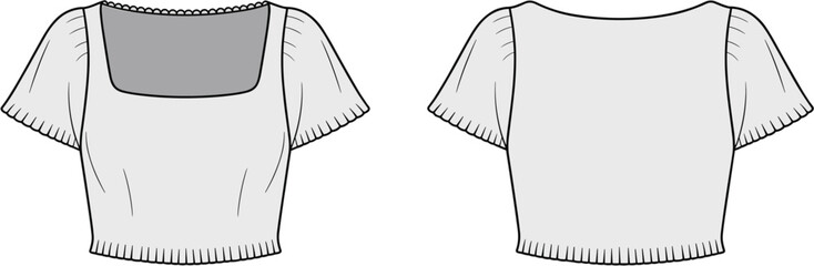  Short sleeve crop top flat sketch, front and back view, square neckline blouse design, women’s fashion template, technical illustration, summer style