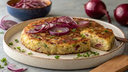 Enjoying bubble and squeak with red onion served on a rustic plate in a cozy kitchen setting