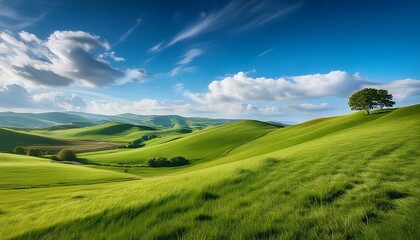 Obraz premium a dreamy scene of a peaceful countryside view with rolling hills under a blue sky