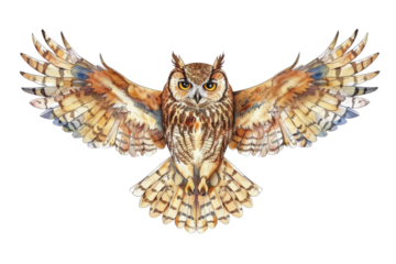 Colorful illustration of an owl in flight with detailed feather patterns and vibrant hues capturing the beauty of nature