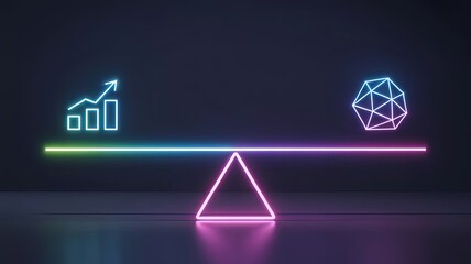 Fototapeta premium Balancing Act: Abstract neon illustration of a seesaw, with one side displaying financial growth and the other, an abstract shape, creating a sense of equilibrium.