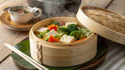 Steaming Buddha's delight served in bamboo steamer with fresh vegetables and tofu