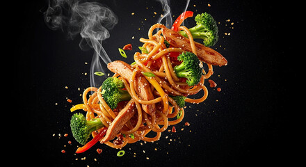 Stir-Fried Noodles Tossed Mid-Air with Vibrant Ingredients