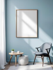 Modern Interior with Blank Frame Mockup on a Light Blue Wall