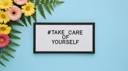 Take Care of Yourself Message: A serene composition that merges gentle pastel hues, featuring a thoughtful message within a minimalist frame surrounded by vibrant, fresh floral arrangements.