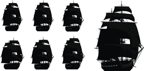 Vintage sailing ship silhouettes with full sails, classic tall ship vectors © CreativeArtist
