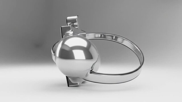 A sleek, modern 3D rendering of a metallic male chastity device with an integrated lock, isolated on a grey background.