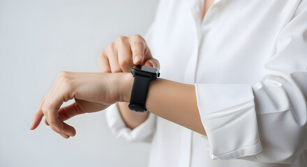 Woman Adjusting Black Smartwatch on Wrist Against Clean White Background in a Bright Studio Lighting