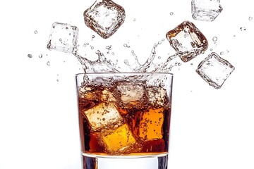 Iced Beverage with Splashing Ice Cubes on White Backdrop for Refreshment and Hydration