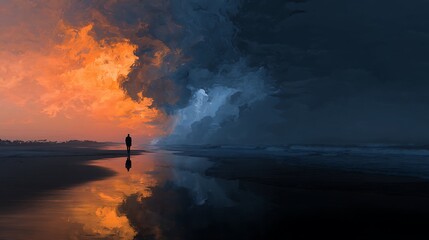 a split landscape: one side fiery storm representing rage, the other calm ocean for serenity, one human silhouette in the middle, emotional duality visualized 