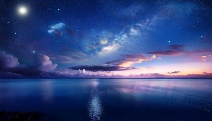 serene night ocean landscape under a starry sky with illuminated clouds and moonlit reflections