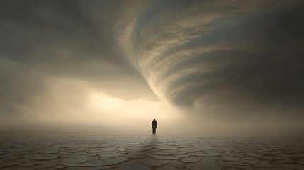 a distant silhouette standing on cracked earth under a swirling emotional tornado, representing inner turmoil and heartbreak, dramatic symbolic weather art 