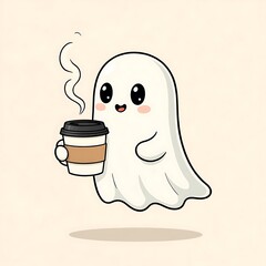 Cute halloween ghost holding coffee cup with autumn leaves on warm brown background, adorable cartoon style illustration for cozy fall halloween vibes, seasonal design and kids holiday artwork