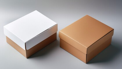 a detailed product mockup featuring two rectangular cardboard boxes one brown and one white positioned side by side on a light gray surface