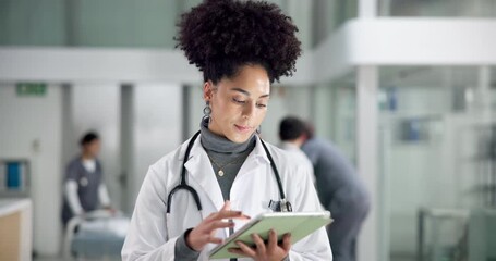 Woman, surgeon and scroll on tablet at hospital of research, medical report and schedule surgery. Female person, review digital and feedback on operation, healthcare results and treatment information - Powered by Adobe