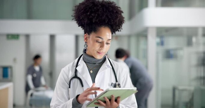 Woman, surgeon and scroll on tablet at hospital of research, medical report and schedule surgery. Female person, review digital and feedback on operation, healthcare results and treatment information - Powered by Adobe