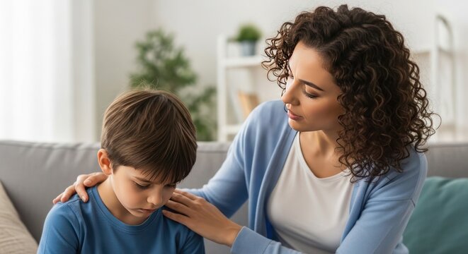 A caring mother comforts her upset young son, offering support and solace on a living room couch.