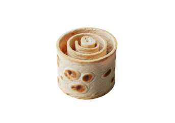 A single piece of stale, flat bread meticulously curled into a cylindrical tube like an ancient scroll, with a visible crumb on a seamless transparent shadowless background, commercial product concept