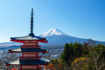 Skyline of Mount Fuji with Snow Cap in Sunlight under Blue Sky