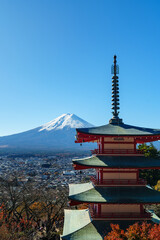 Skyline of Mount Fuji with Snow Cap in Sunlight under Blue Sky