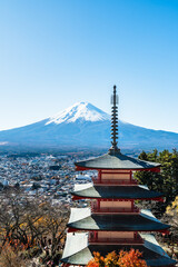 Skyline of Mount Fuji with Snow Cap in Sunlight under Blue Sky
