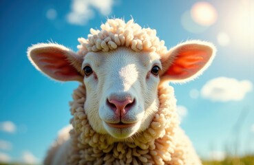 A close-up of a sheep's face with a bright blue sky and fluffy clouds in the background