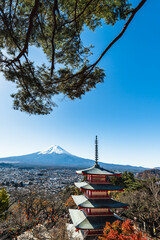 Skyline of Mount Fuji with Snow Cap in Sunlight under Blue Sky