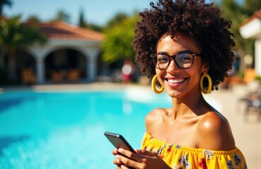 Woman smiling outdoors using smartphone near swimming pool