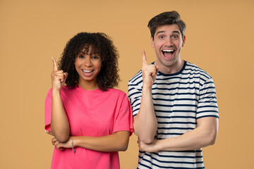 Creative Idea, Interracial Couple Woman Man, Eureka Moment, Pointing Fingers Up