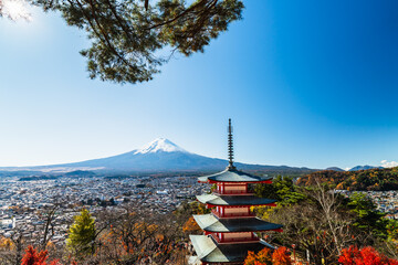 Skyline of Mount Fuji with Snow Cap in Sunlight under Blue Sky