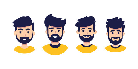 Four cartoon illustrations of men with varying beard styles and hairstyles, all wearing yellow shirts.