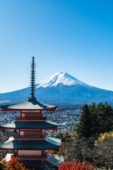 Skyline of Mount Fuji with Snow Cap in Sunlight under Blue Sky