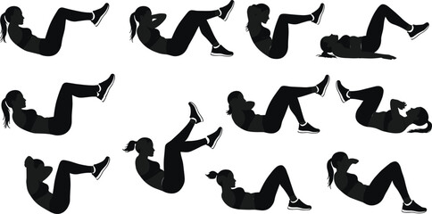 Woman doing ab workouts silhouettes – fitness vector clipart for exercise guides, gym poster