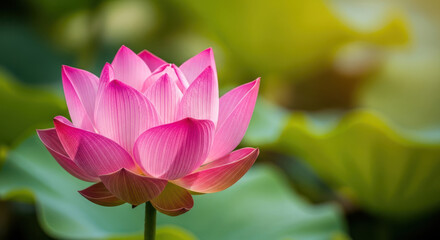 Obraz premium Vibrant pink lotus flower blooms gracefully in soft sunlight amidst lush greenery