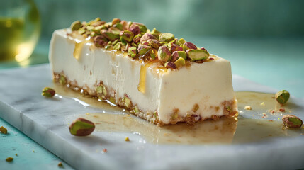 Salted honey pistachio semifreddo with caramelized nuts