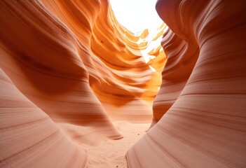 Narrow canyon with smooth, layered sandstone walls illuminated by warm sunlight