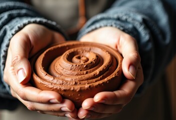 Child's hands hold a swirl of rich, smooth chocolate spread in a cozy setting