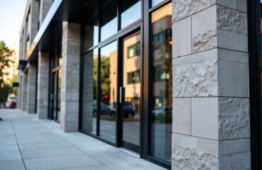 Fototapeta premium Modern building exterior with large glass windows and stone facade creating a sleek urban look