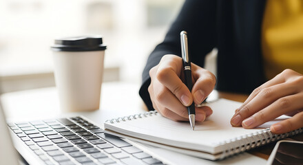 Woman in Dark Blazer Writes In Notebook at Bright Desk with Laptop and Coffee Cup in a Neutral Tone Office