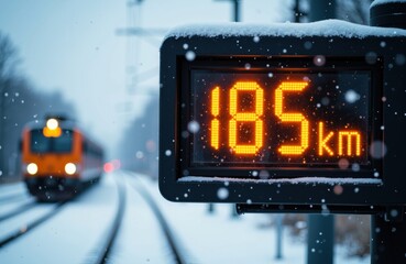 Digital speed display showing 185 km/h on snowy railway track with train in background