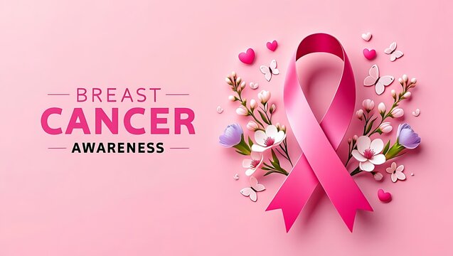 Breast cancer awareness pink ribbon with flowers, hearts and butterflies on pastel background for october campaign design, healthcare support visuals, survivor tribute and medical event promotion