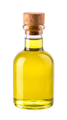 Golden olive oil in a clear glass bottle with a cork stopper, natural food ingredient for cooking and healthy eating, culinary oil on transparent background