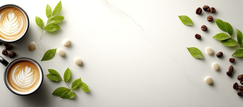 Two coffee cups with latte art, coffee beans, and leaves on a white surface.