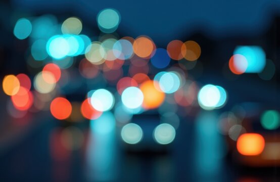Blurred city lights at night creating a vibrant bokeh effect with colorful glowing circles