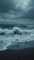 Fototapeta premium A powerful wave crashing on a dark beach on a stormy day