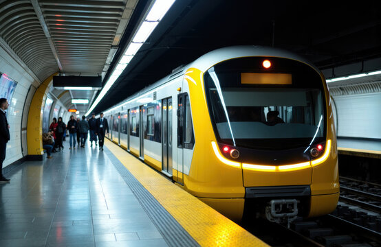 A modern yellow subway train arrives at an underground station platform with passengers waiting