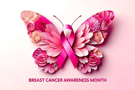 Breast cancer ribbon and butterfly made of pink petals and paper flowers on light background, ideal for awareness month promotions, women’s health campaigns, digital graphics and flyers